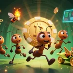 Hitclub captures a thrilling heist by 3D ants with a golden poker chip, enhanced by crypto elements.