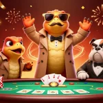 SC88 raptors in a trench coat enter VIP casino; poker table, confetti, and bouncer featured.