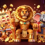 Experience the thrill of MM99 with a regal lion and vibrant slot symbols in action.