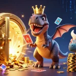 Experience the thrill of gmnc with T-Rex card shuffling, golden chips, and casino treasures!