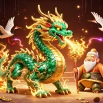 Experience thrilling cockfighting action at jun88 with a dynamic scene featuring an emerald dragon and lucky cranes.