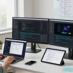 Build internal tools with AI in a modern workspace featuring a developer coding, dual monitors, and creative notes.