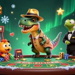 Engage with the 789bet casino scene featuring a cunning velociraptor at the blackjack table amidst vibrant gaming elements.