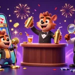 Engage with okwintv through an entertaining 3D illustration of hippos in a vibrant casino scene, showcasing gambling excitement.