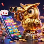Koitoto features a 3D cartoon golden owl and mouse patrons amid dynamic casino elements and festive background.