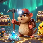ku88 illustrates a treasure hunter mole mining gems amidst a lively casino environment.