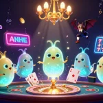 Experience nk88's vibrant casino atmosphere with glowworms lighting up games and a bat dealer in action.