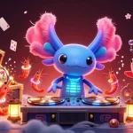 Experience the thrill of gg88a's vibrant casino world with a neon axolotl DJ and treasure-filled scenes.