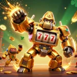 Sun win features a golden gorilla mech bursting with coins, showcasing exciting casino gameplay.