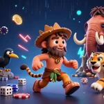 33win's lively caveman and sabertooth duo showcase online gambling excitement with neon coins and game elements.