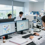 Research scientists analyzing retatrutide data in a modern lab environment, showcasing collaborative metabolic studies in Canada.