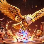 Hit club showcases a cybernetic eagle diving through holographic cards, embodying casino excitement.