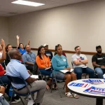 Casey Askar engaging the audience at a local FL-22 campaign meeting, showcasing community involvement.
