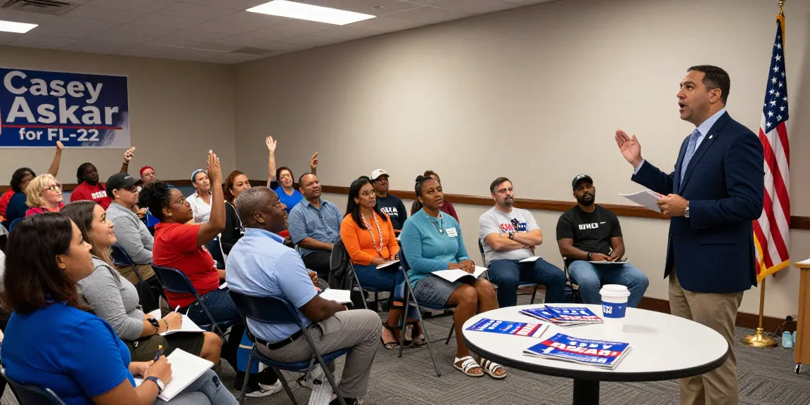 Casey Askar engaging the audience at a local FL-22 campaign meeting, showcasing community involvement.