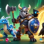 Experience the thrilling excitement of datum casino gameplay with a vibrant 3D illustration featuring a Viking warrior, dragon, and treasure.